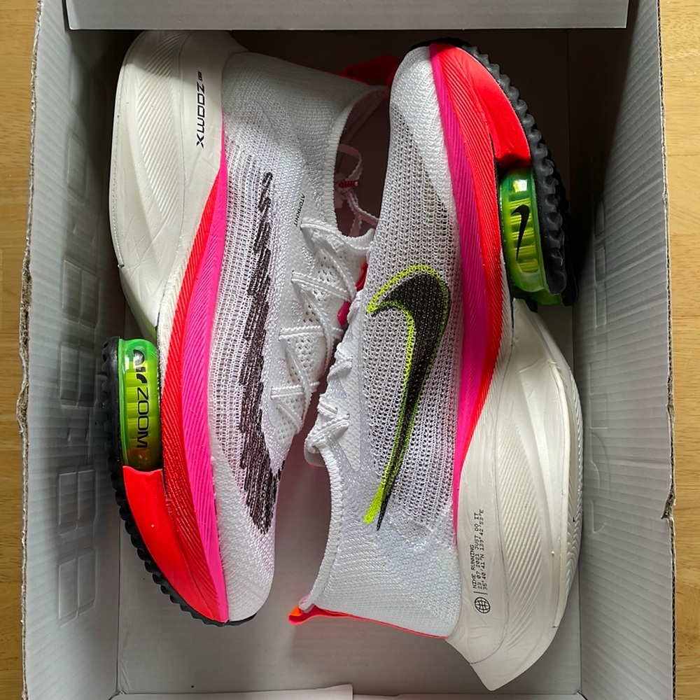 Nike Air Zoom Alphafly Next%. Women’s size 8.5, men’s size 7. Brand new.